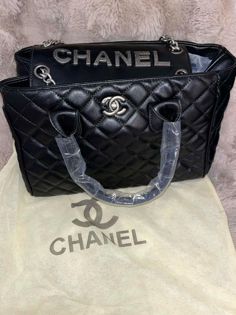 Black Quilted Satchel with Silver-Tone Hardware